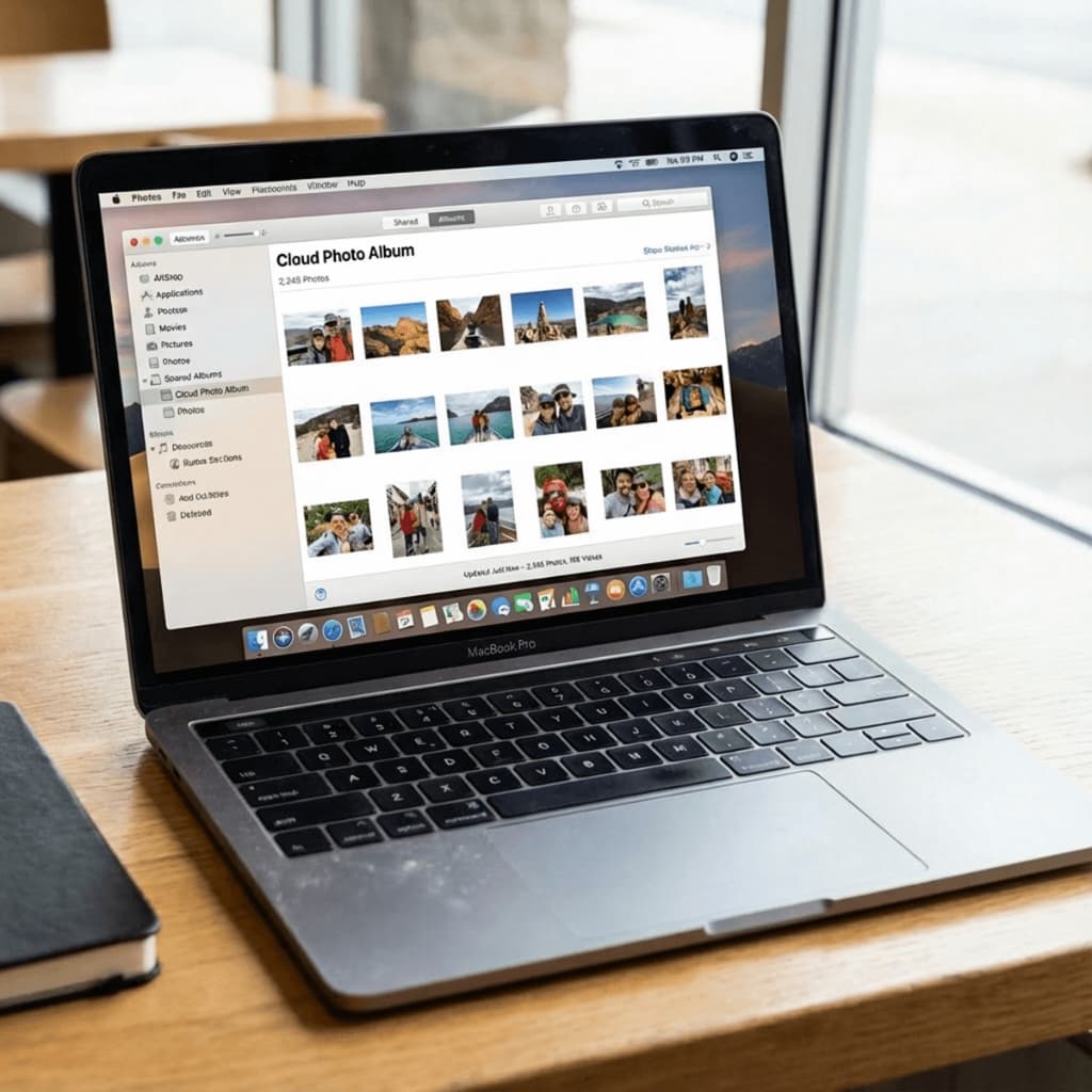 MacBook showing cloud photo album with family memories