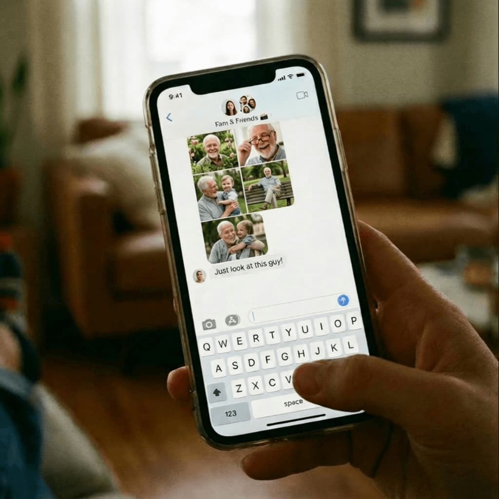Family group chat showing shared photos and memories