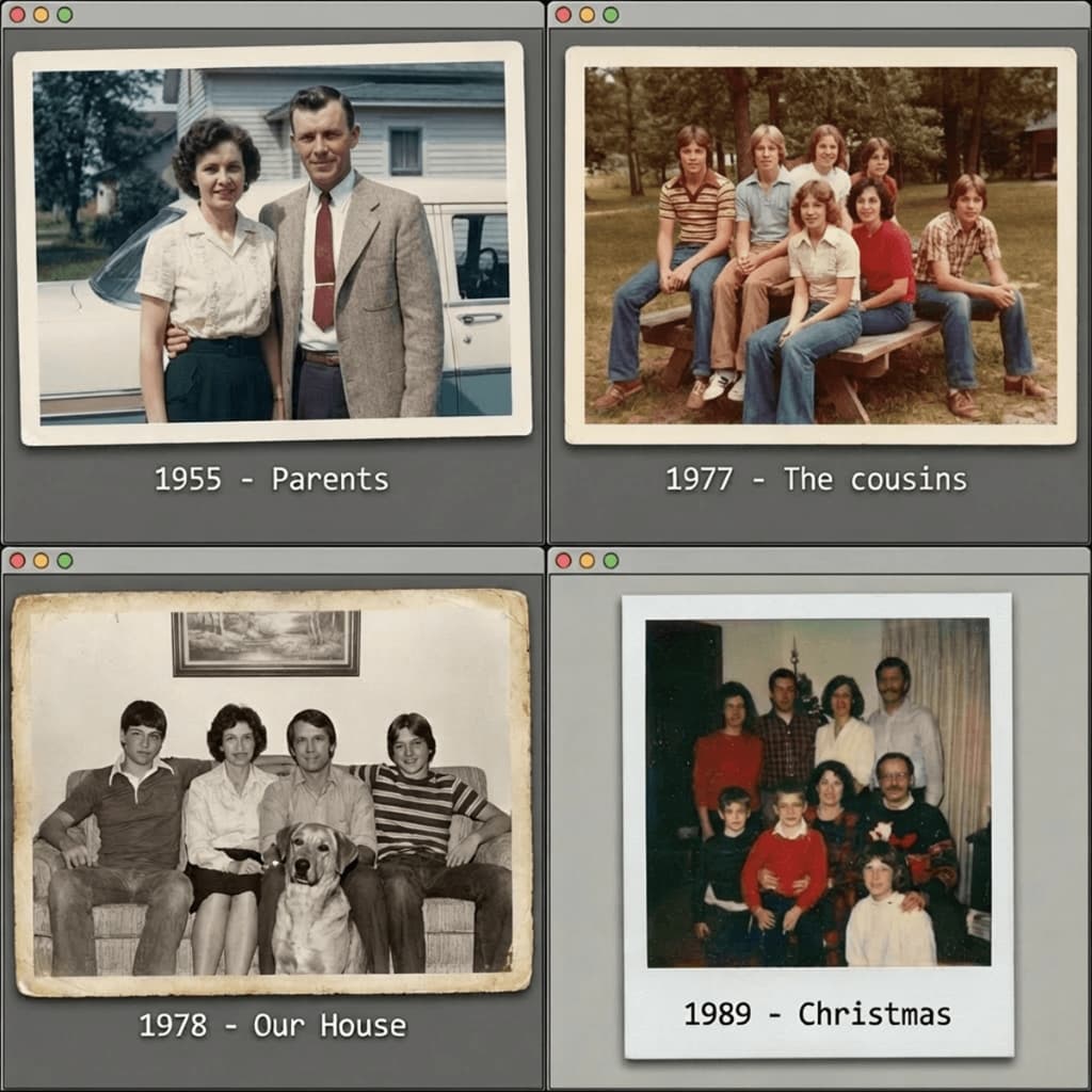 Vintage scanned family photos from different eras showing cherished memories